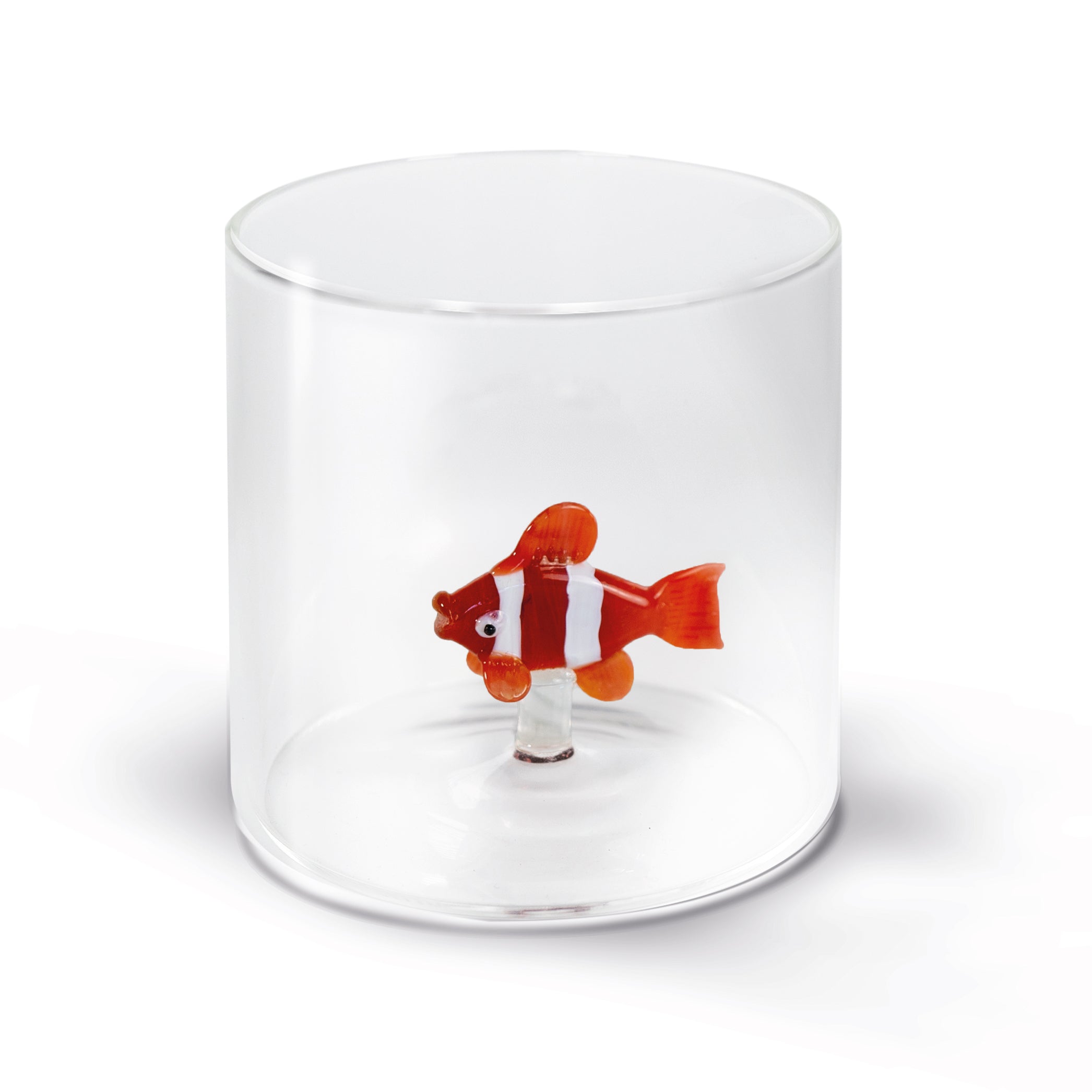 Clear glass container with a red and white fish figure on a white background