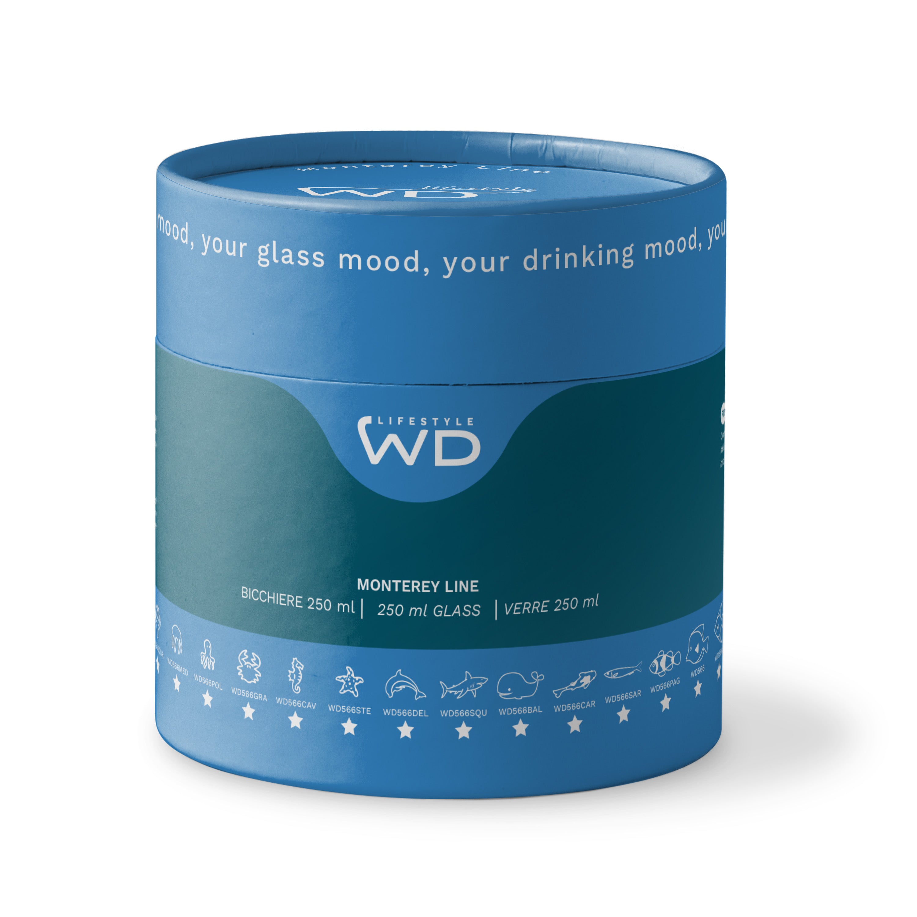Blue cylindrical container with 'WD' branding on a white background