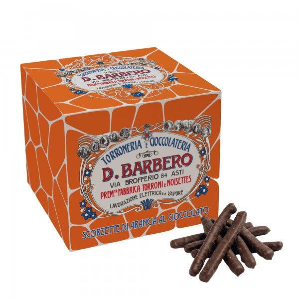 Box of D. Barbero torrone with chocolate-covered wafer sticks on a white background