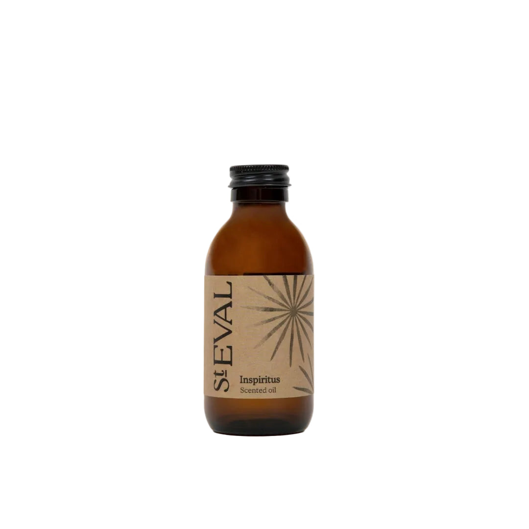 Brown bottle with a label on a beige background