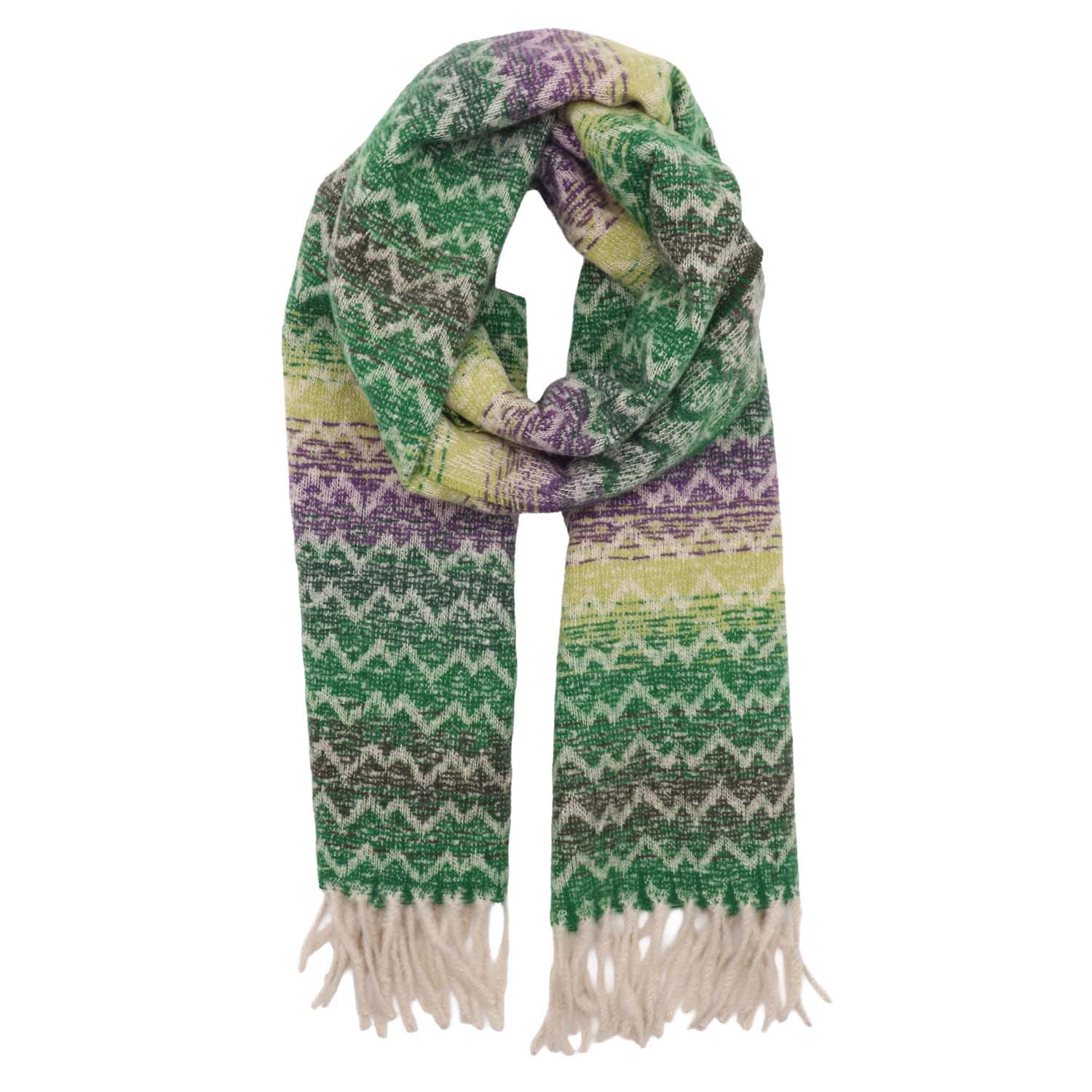 Colorful patterned scarf with fringes on a white background