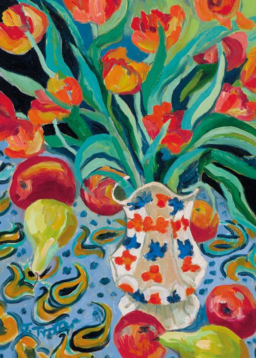 Greetings Card: Orange Tulips and Pears