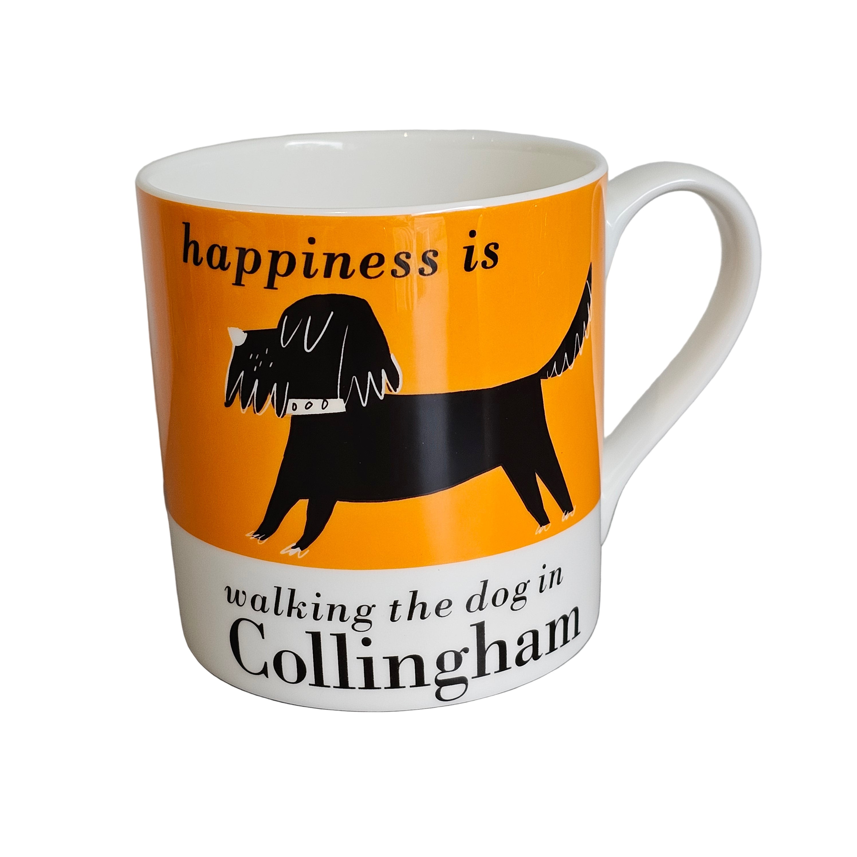 Mug with a dog-themed design and text on a white background