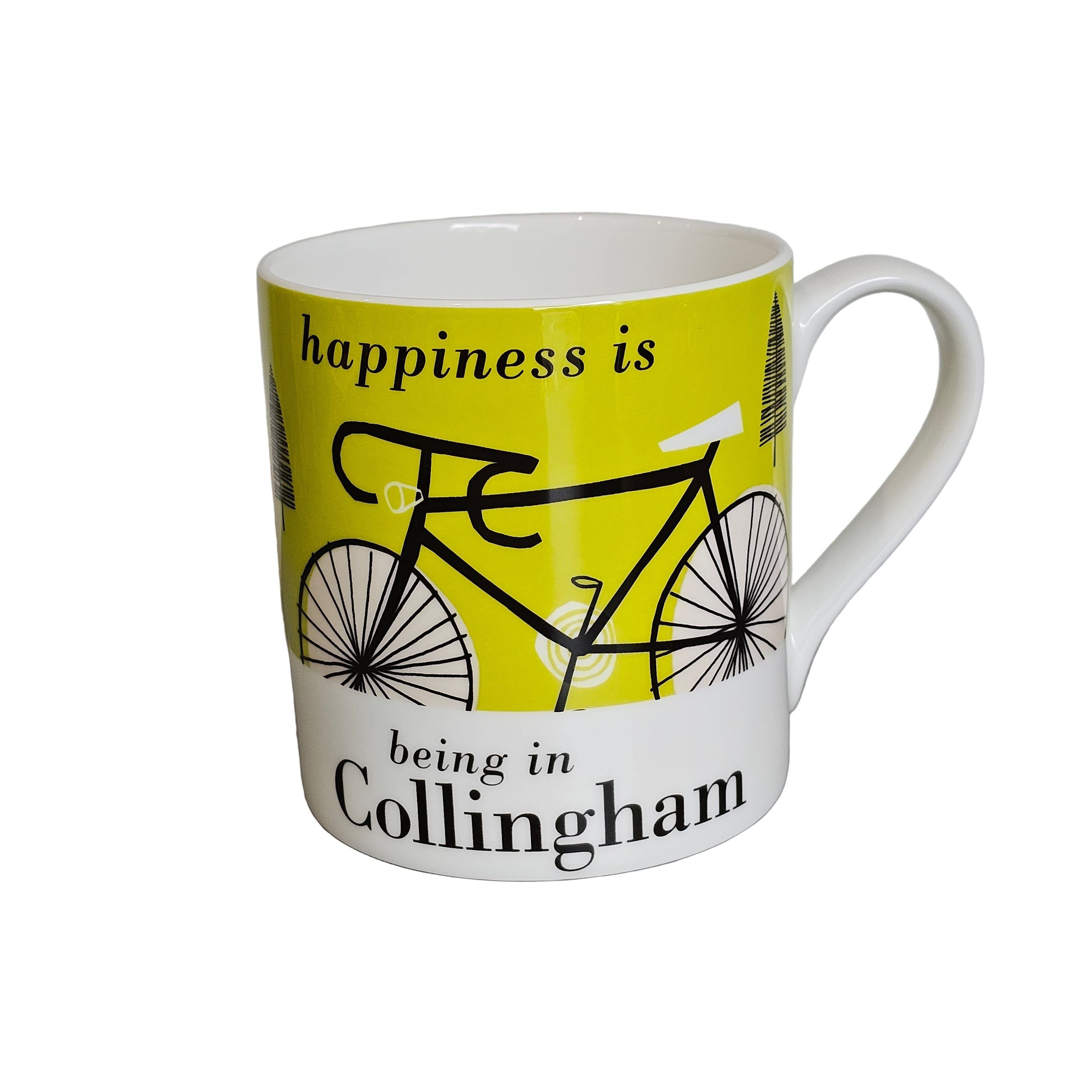 Mug with bicycle design and text on a white background