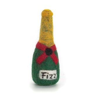 Toy bottle labeled 'Fizz' with a green base, red ribbon, and yellow top on a white background