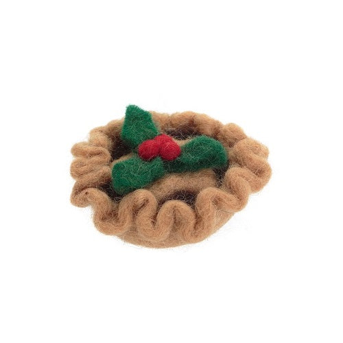 Felted Christmas pastry with holly decoration on a white background
