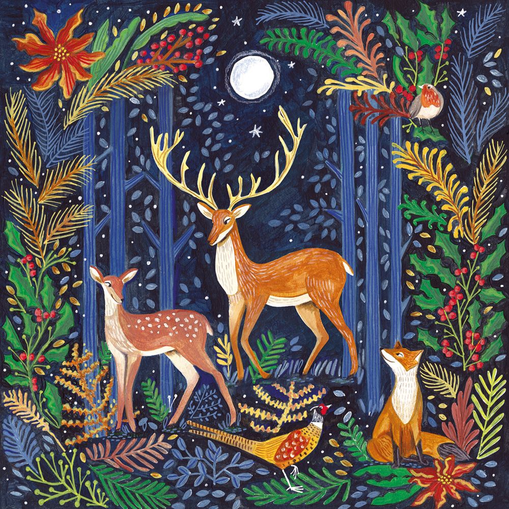 Decorative image of deer, fox, and birds in a forest with flowers and leaves.