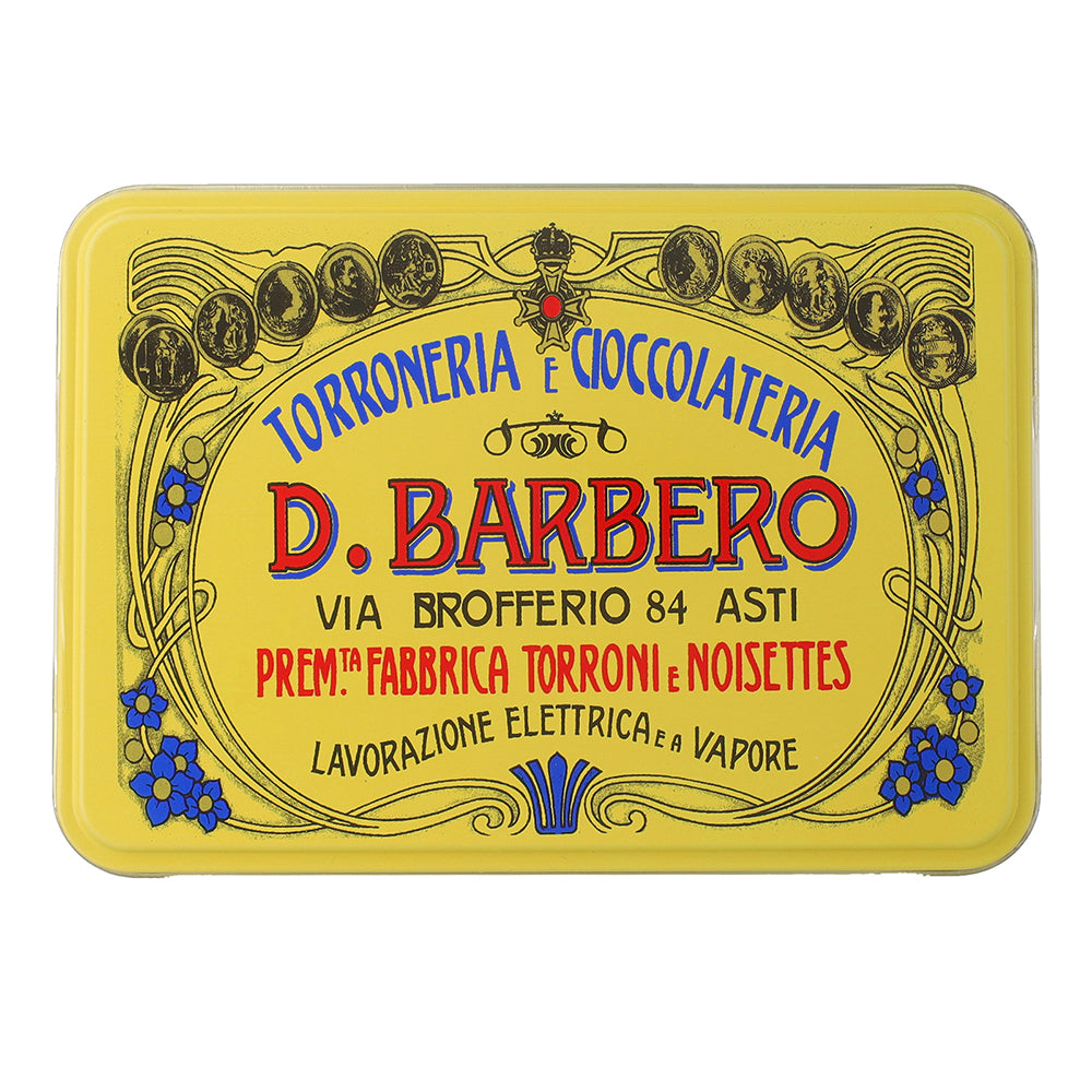 Vintage-style yellow chocolate tin with decorative label featuring 'D. Barbero' branding.