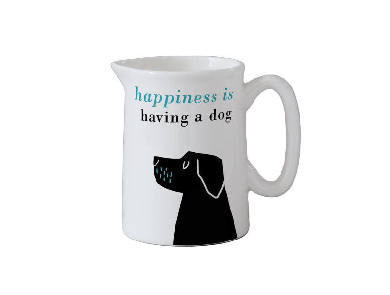 White mug with black dog illustration and 'happiness is having a dog' text on a white background