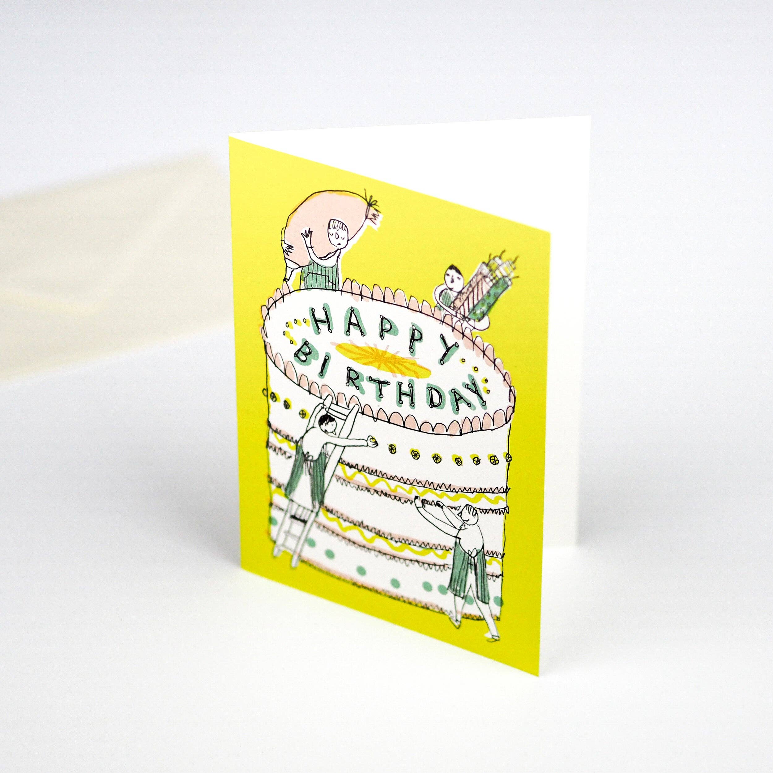 Birthday card with illustration of a cake and people around it on a yellow background