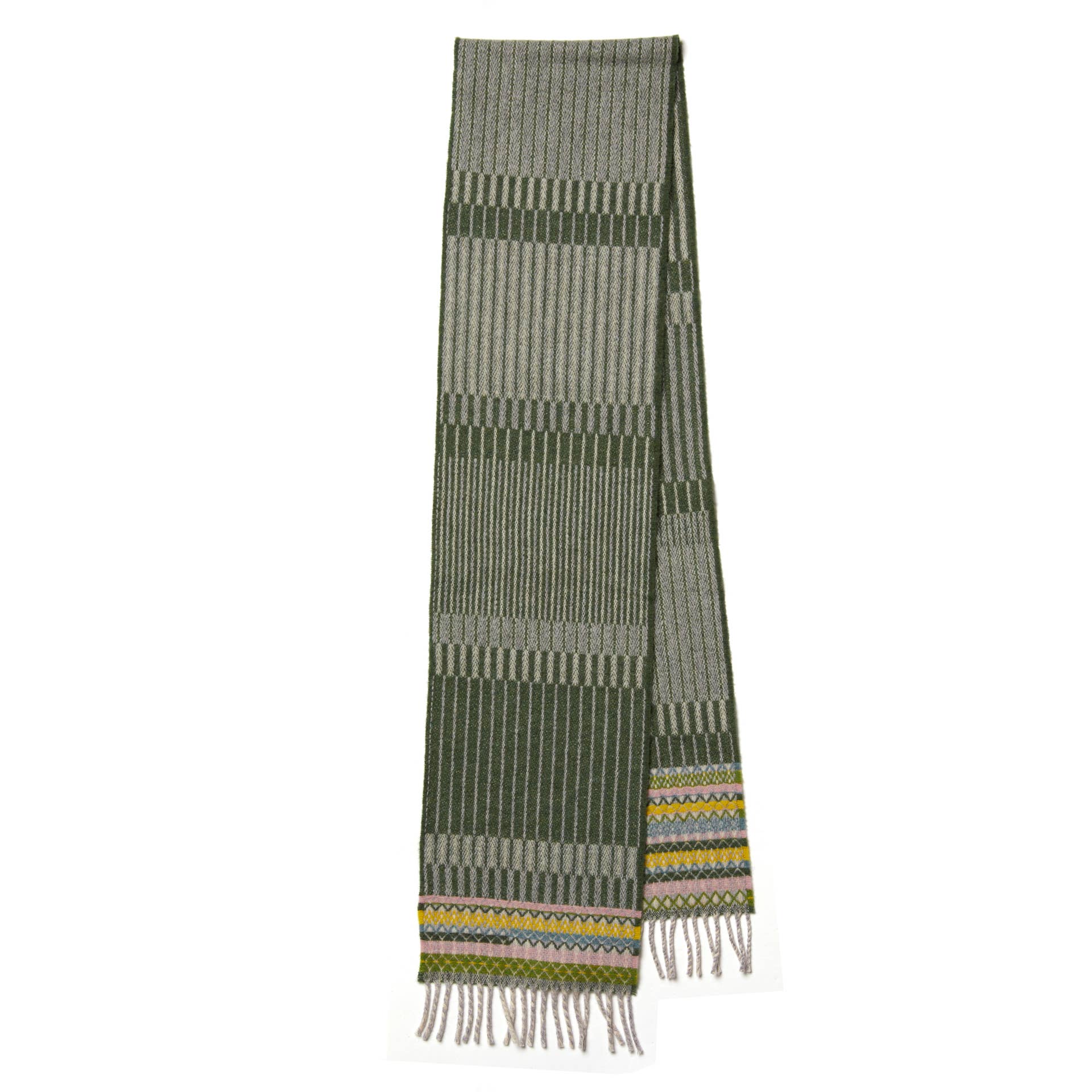 Green plaid scarf with colorful fringe on a white background