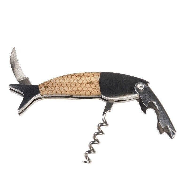 Wine opener shaped like a fish with cork on a white background