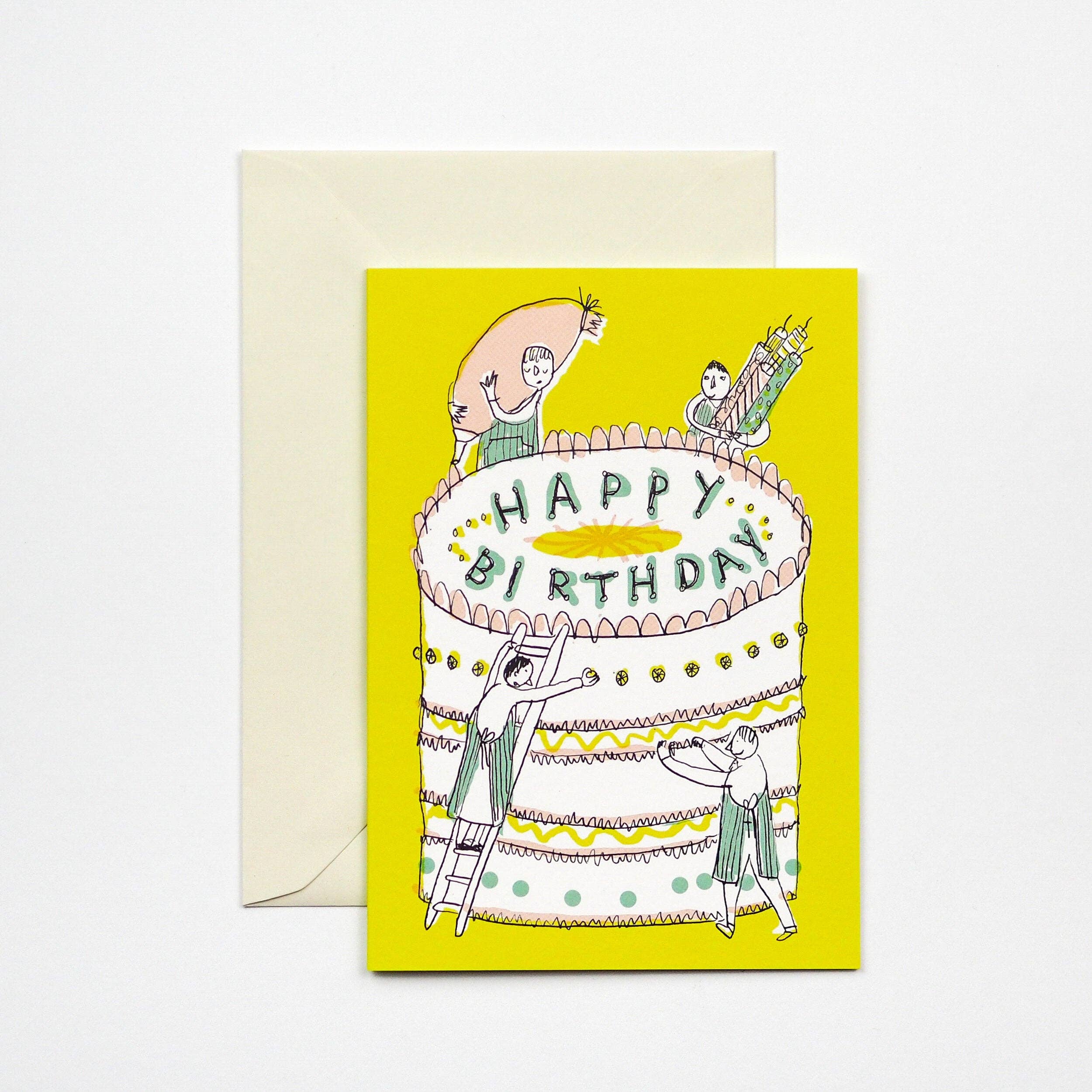 Birthday card with illustration of a cake and people around it on a yellow background