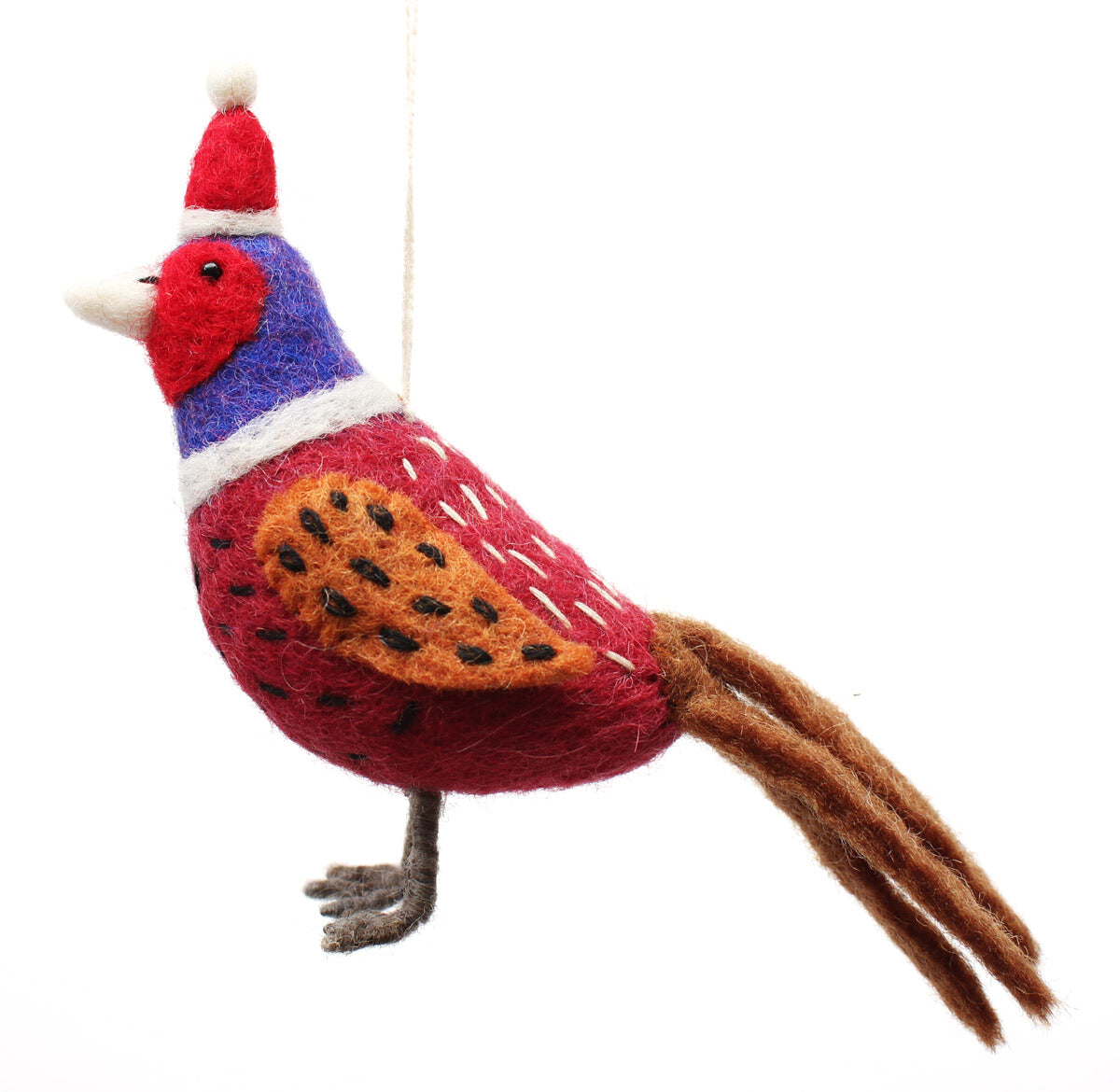 Colorful bird ornament with a red head and brown body on a white background