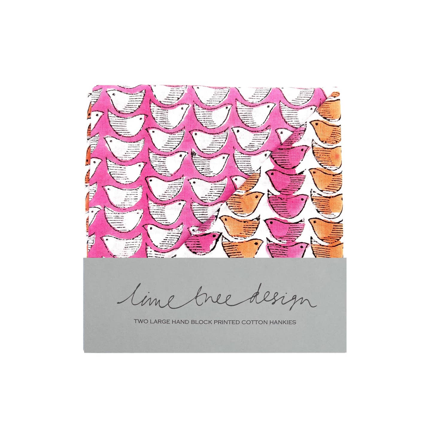 Pack of hand block printed cotton handkerchiefs with bird pattern on a white background