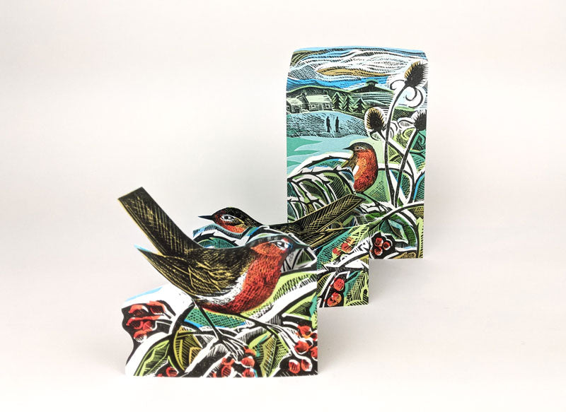 Robins and Teasels trifold greetings card by Angela Harding.