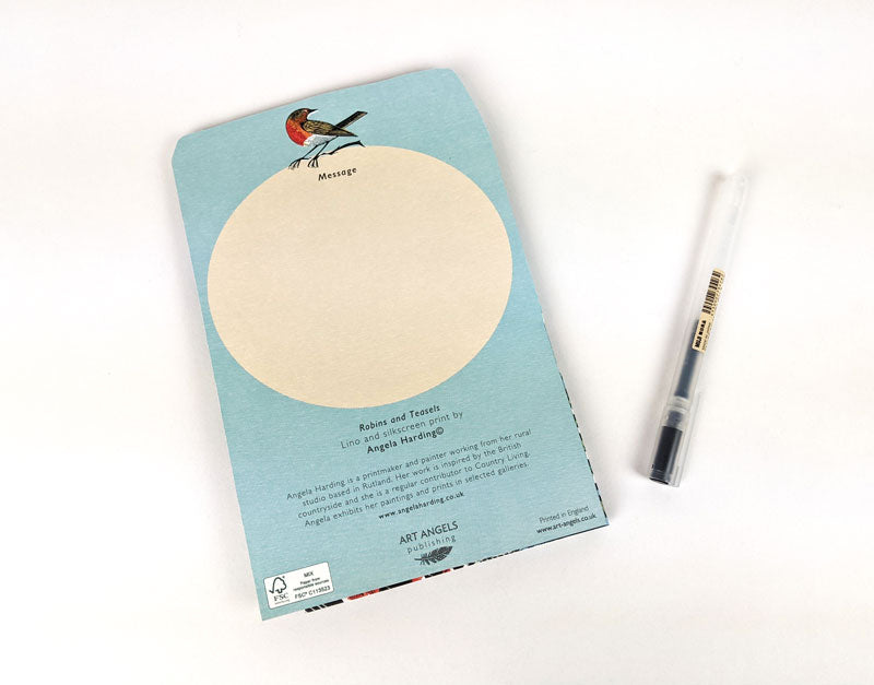 Robins and Teasels trifold greetings card by Angela Harding.