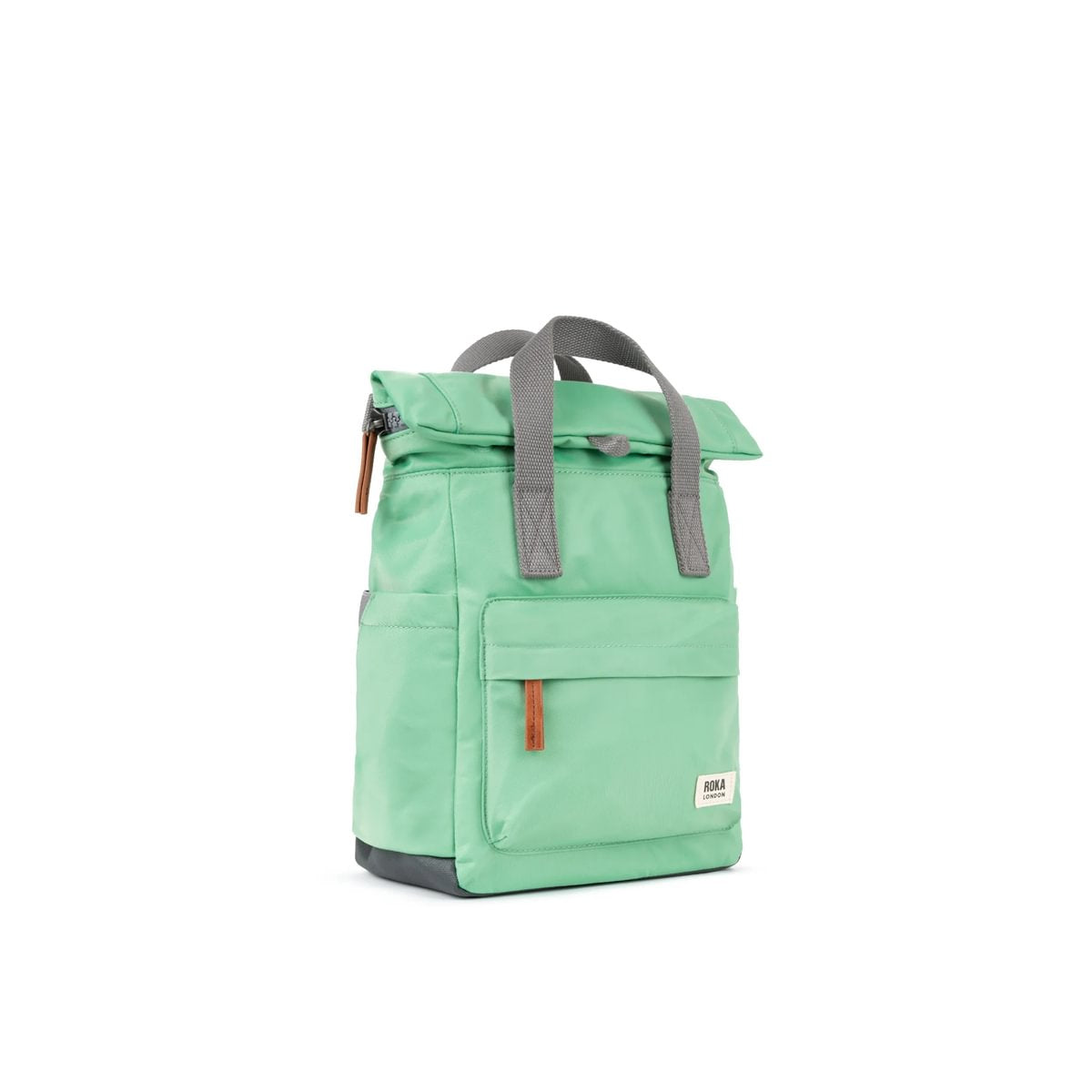 Angled view of a green backpack with gray straps on a white background