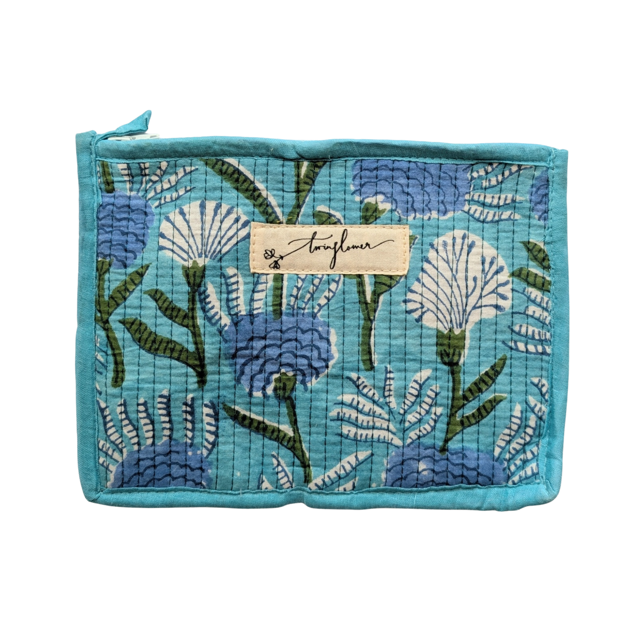 Floral patterned purse with brand label on a white background