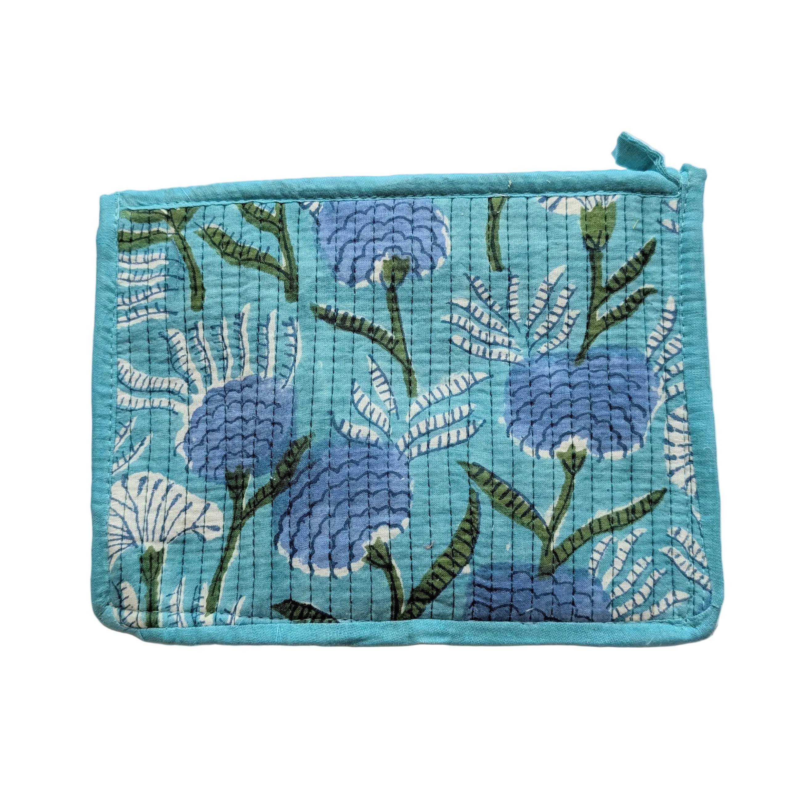 Teal fabric pouch with floral pattern on a white background