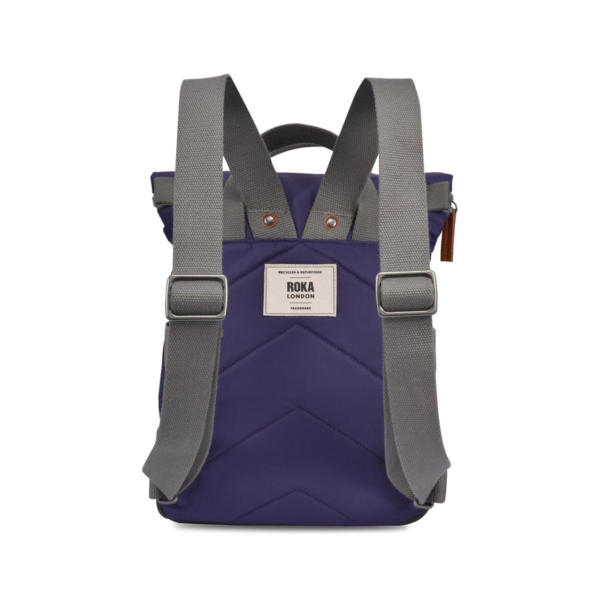 Purple backpack with grey straps on a white background, showing the back of the bag details - a padded back and adjustable straps.