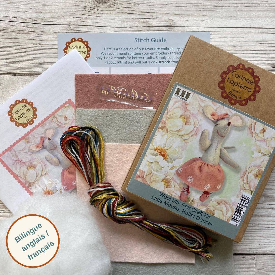 Craft kit with materials and a stitch guide on a wooden surface