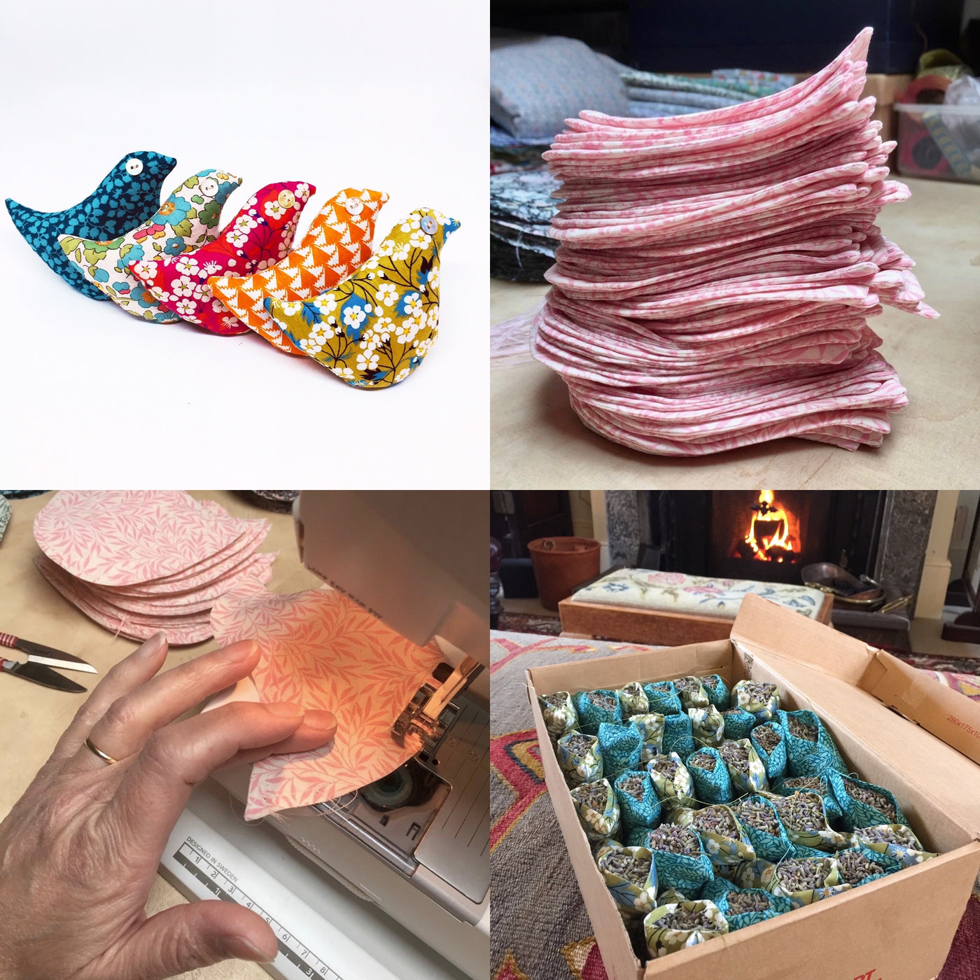 Collage of fabric birds including colourful bird-shaped lavender pillows, cut fabrics, and a box of stuffed lavender bags waiting to be sewn.