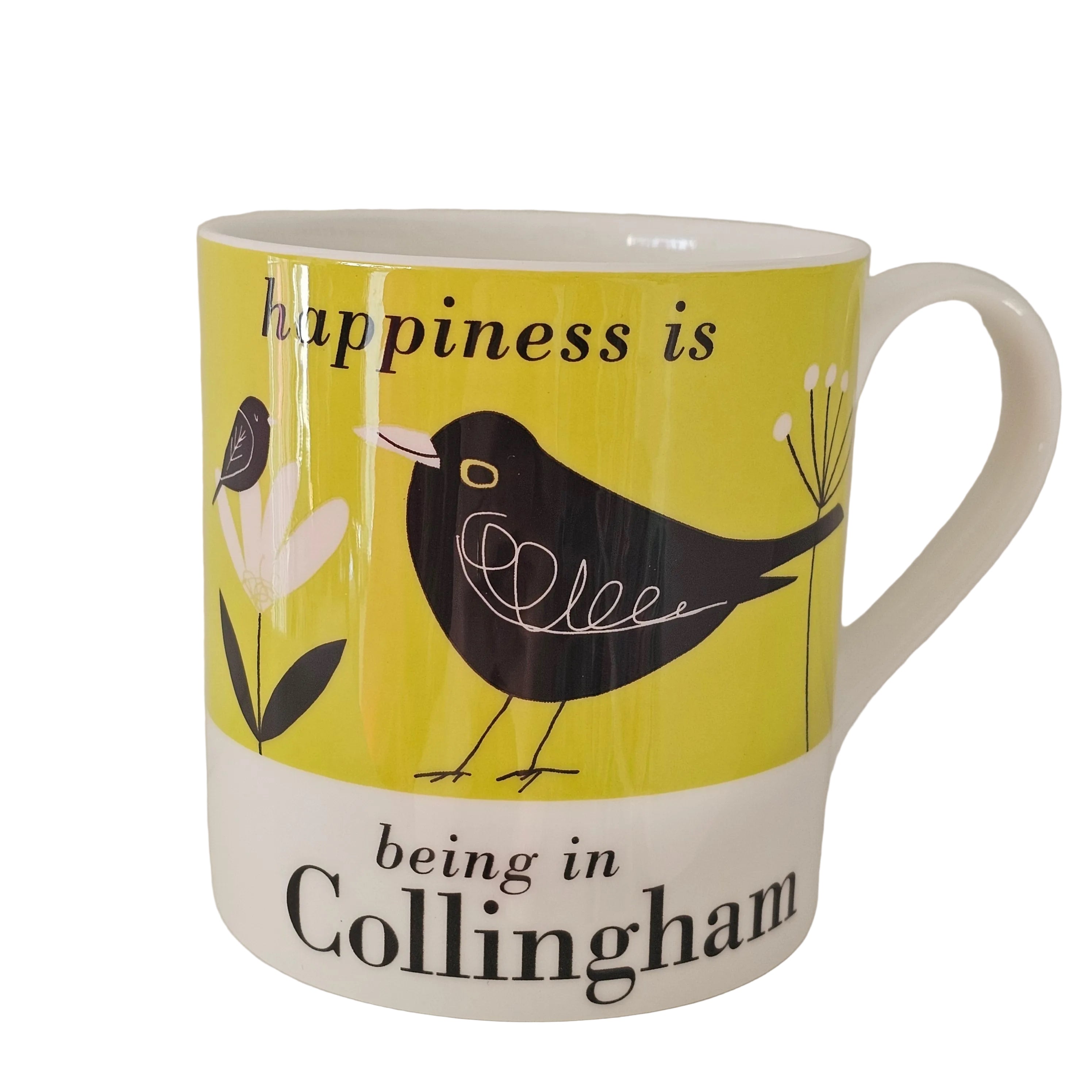 Mug with a green design featuring a black bird and text on a white background
