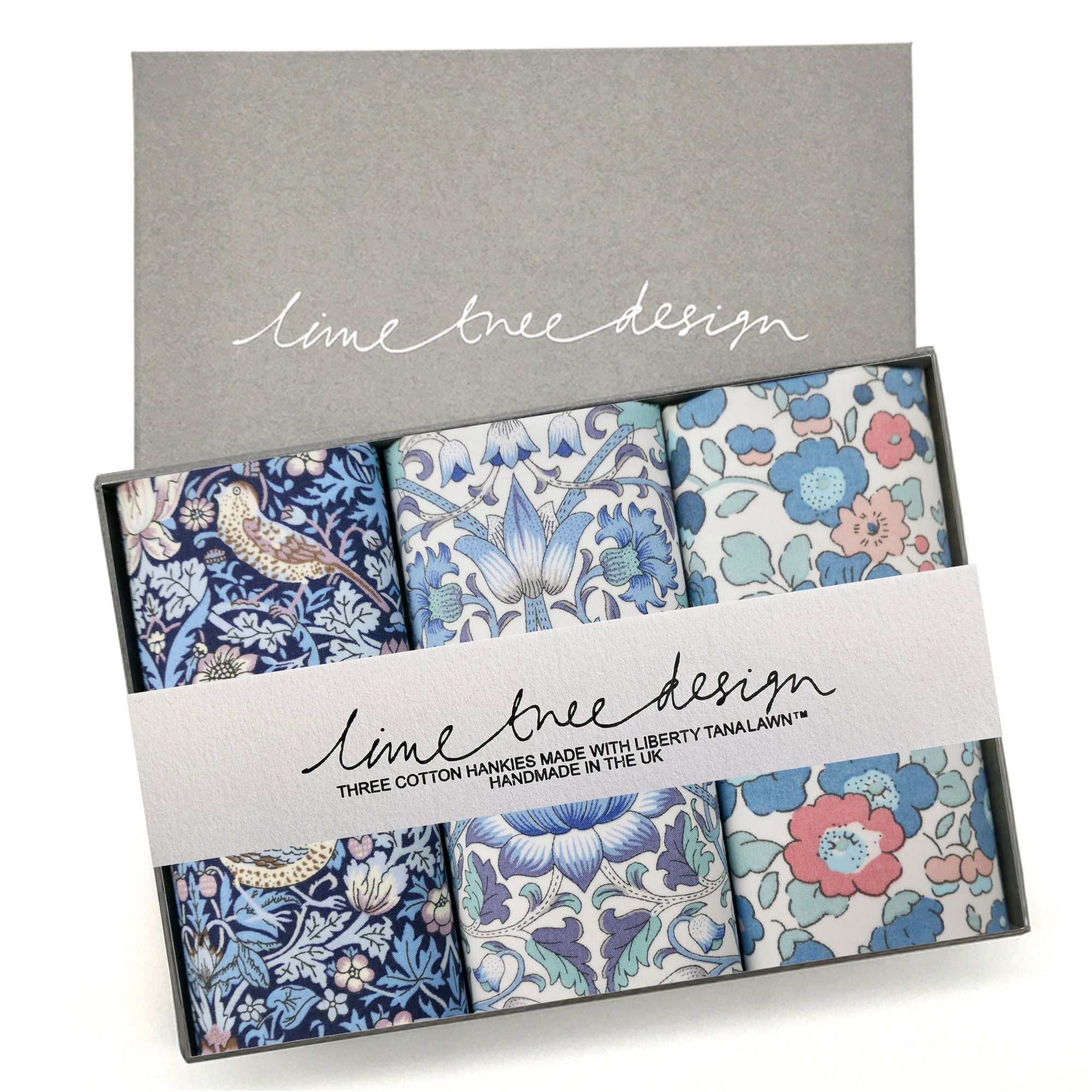 Set of floral cotton handkerchiefs in a box with 'lime tree design' branding.