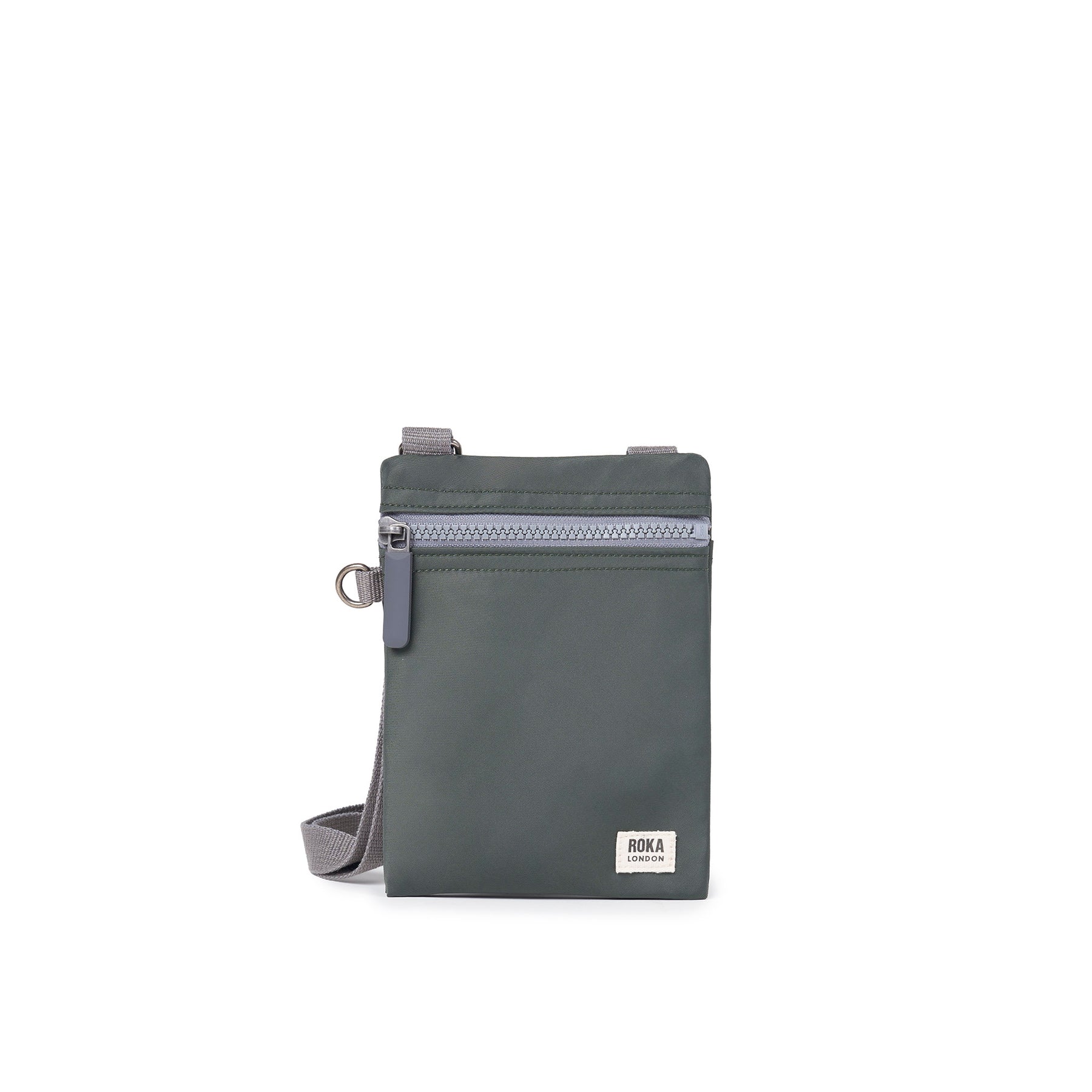 Gray crossbody bag with a visible brand logo on a white background