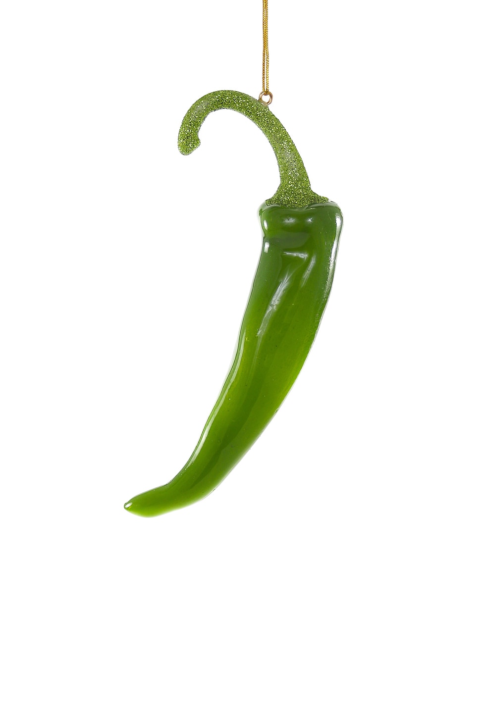 Green glass pepper ornament hanging on a white background