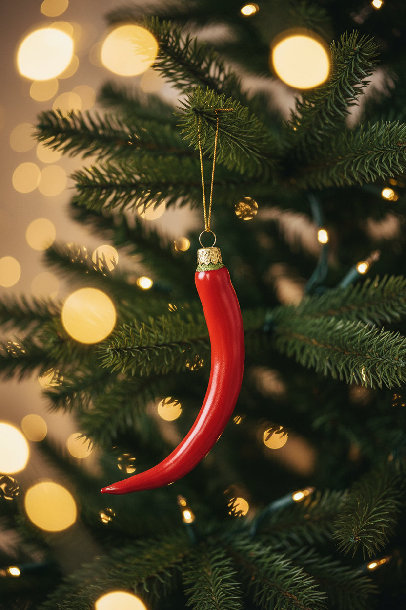 Red decorative chilli ornament on a white background