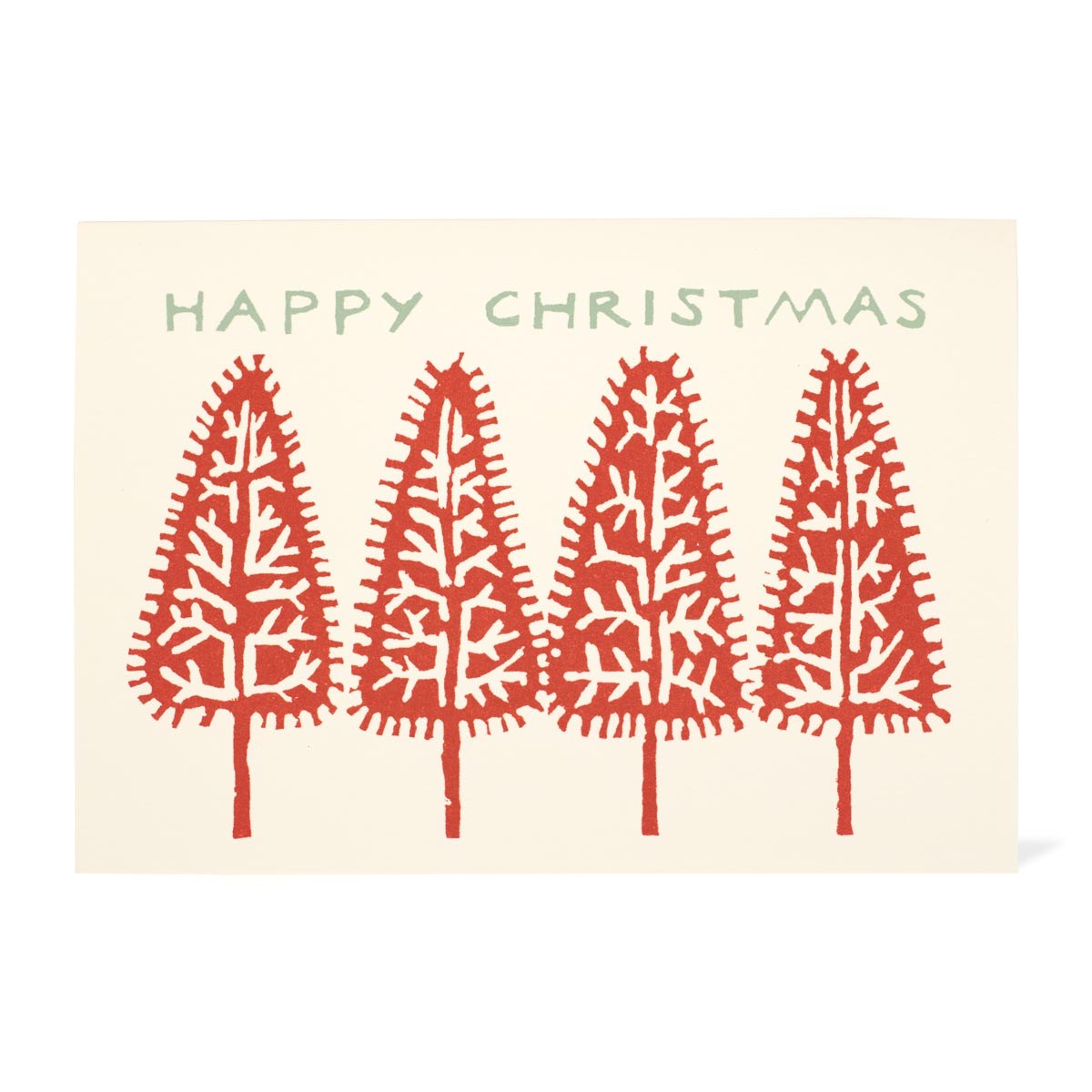 Christmas card with red Christmas trees and 'Happy Christmas' text on a beige background