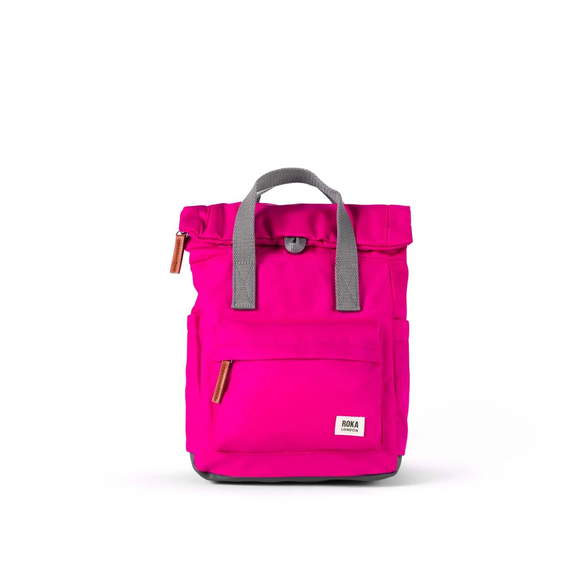 Pink backpack with grey straps on a white background