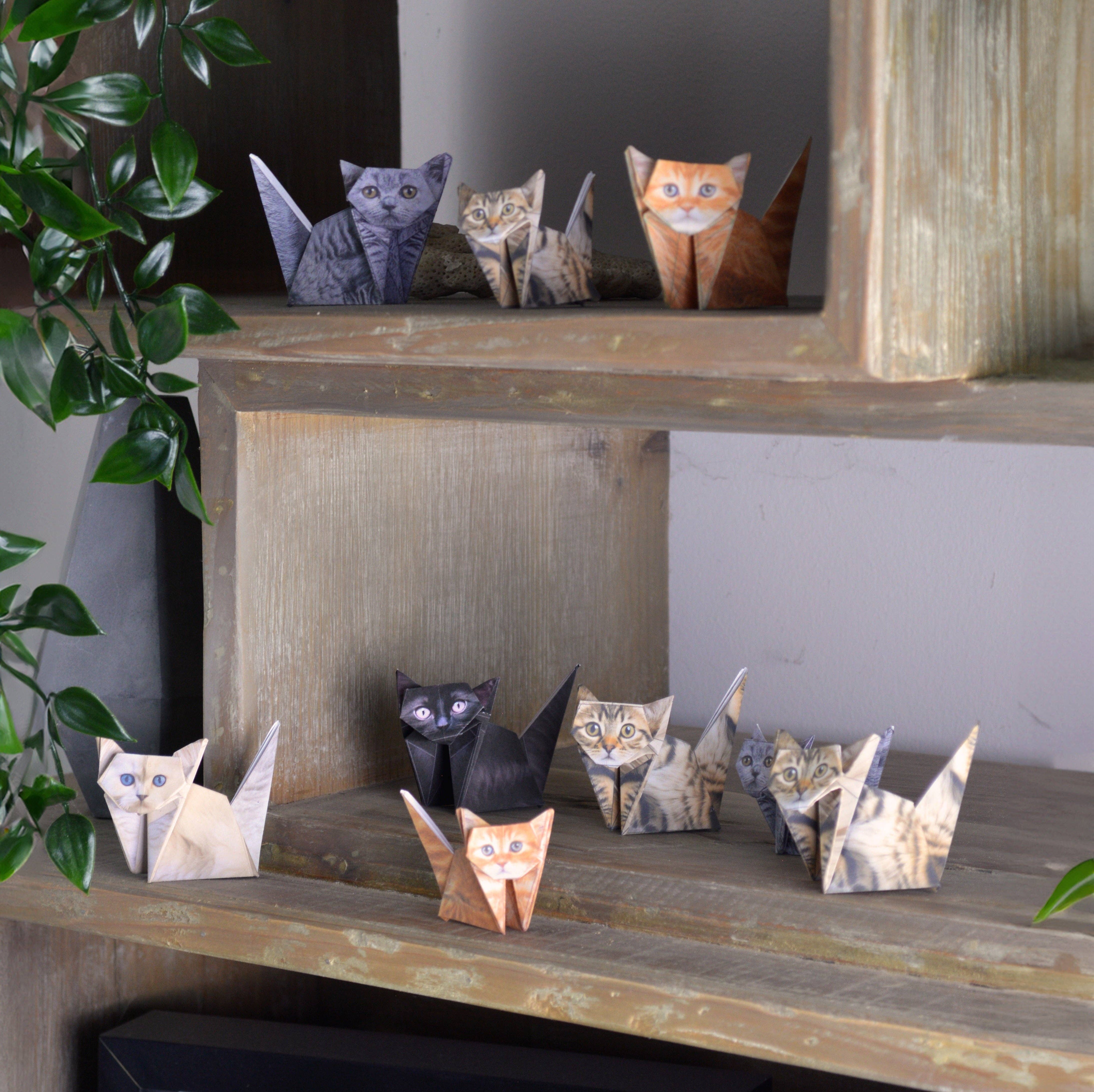 Collection of paper cats on a wooden shelf with a plant in the background.