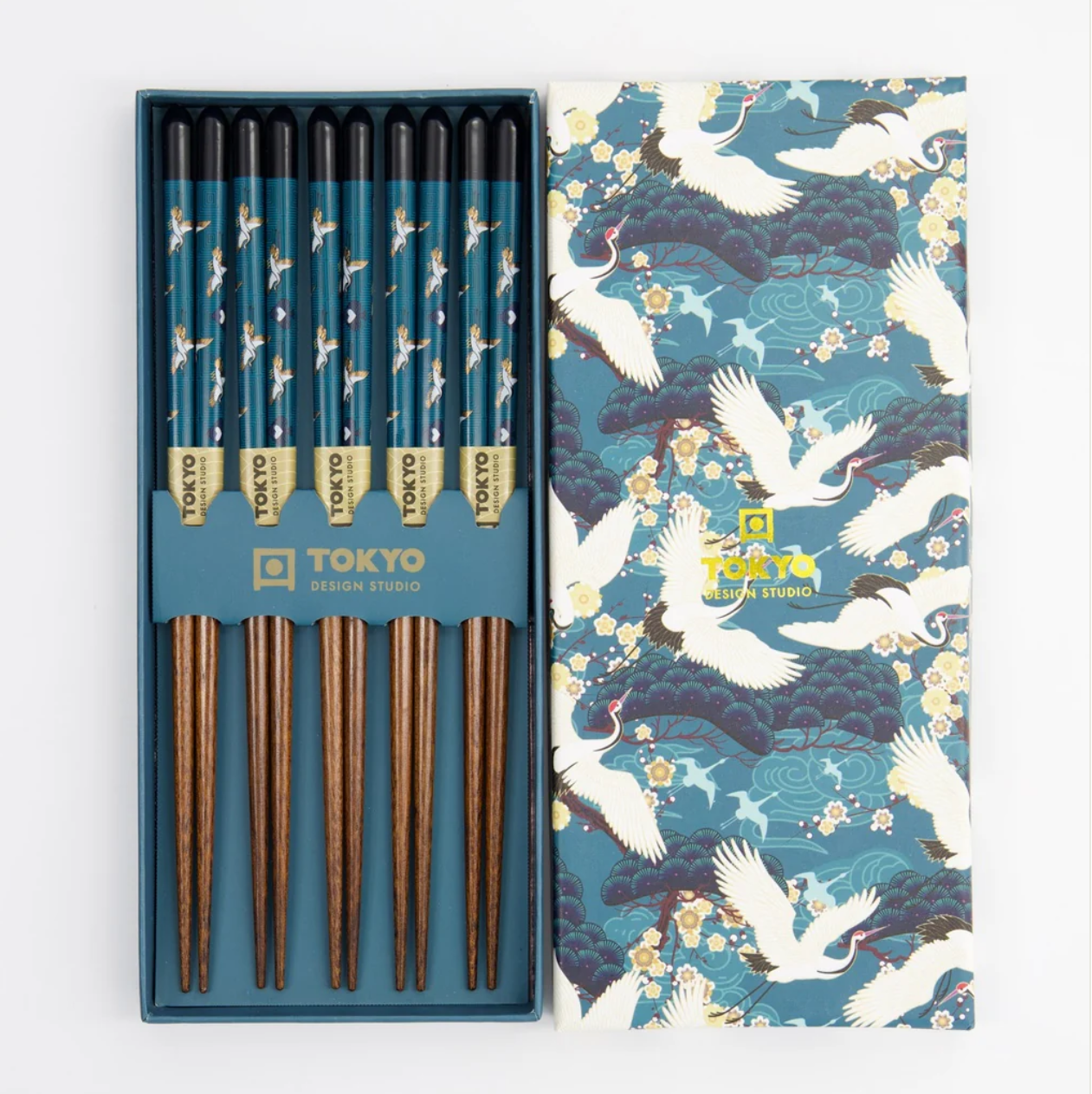 Image showing both the open box and the lid of the teal crane chopsticks set