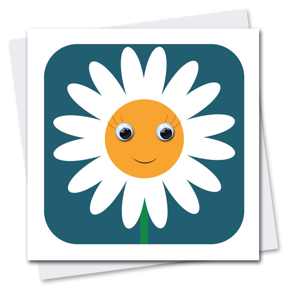 Greeting card featuring an illustrated daisy with googly eyes on a dark blue background with white border. Shown with an envelope.