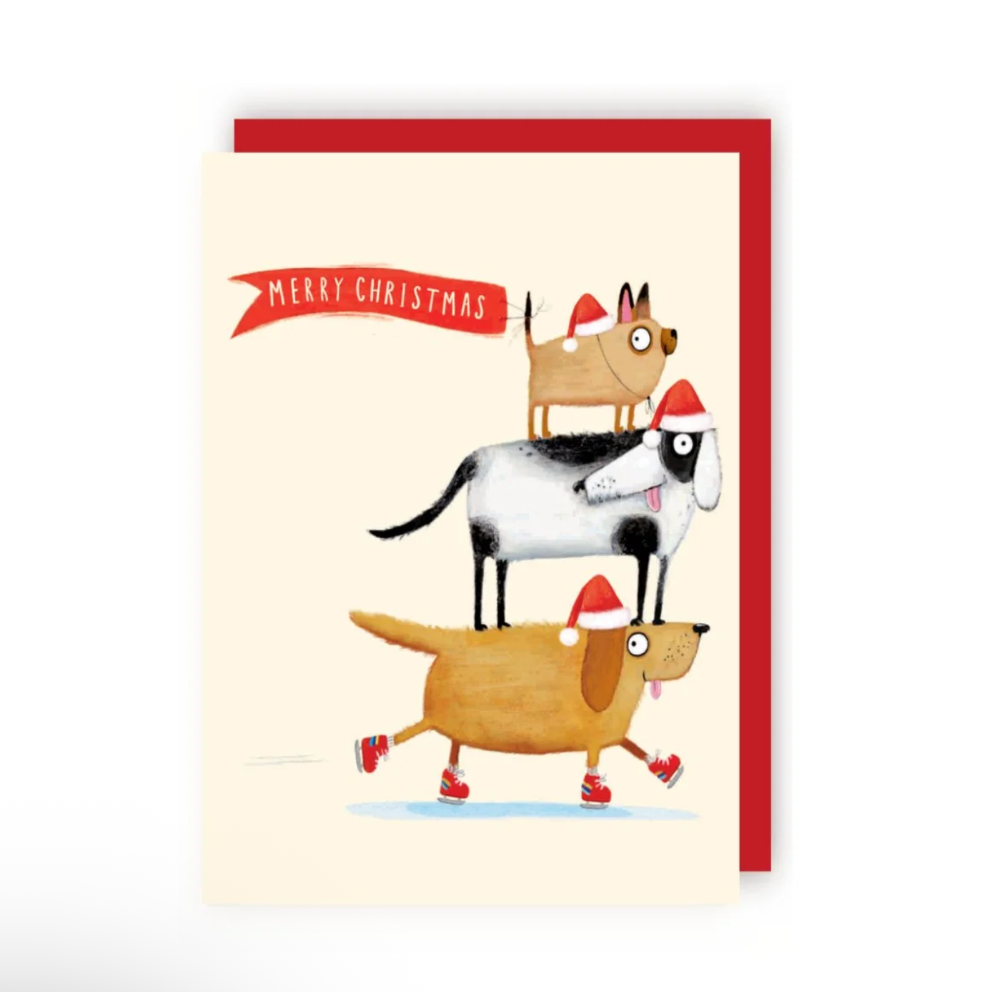 Christmas card with an illustration of three dogs in a stack from, standing on each other’s backs with the smallest at the top and the bottom one wearing ice skates. All the dogs are wearing Santa style red hats with white trim. The smallest dog has a red banner flying from it’s tail which reads Merry Christmas in capitalised white text.