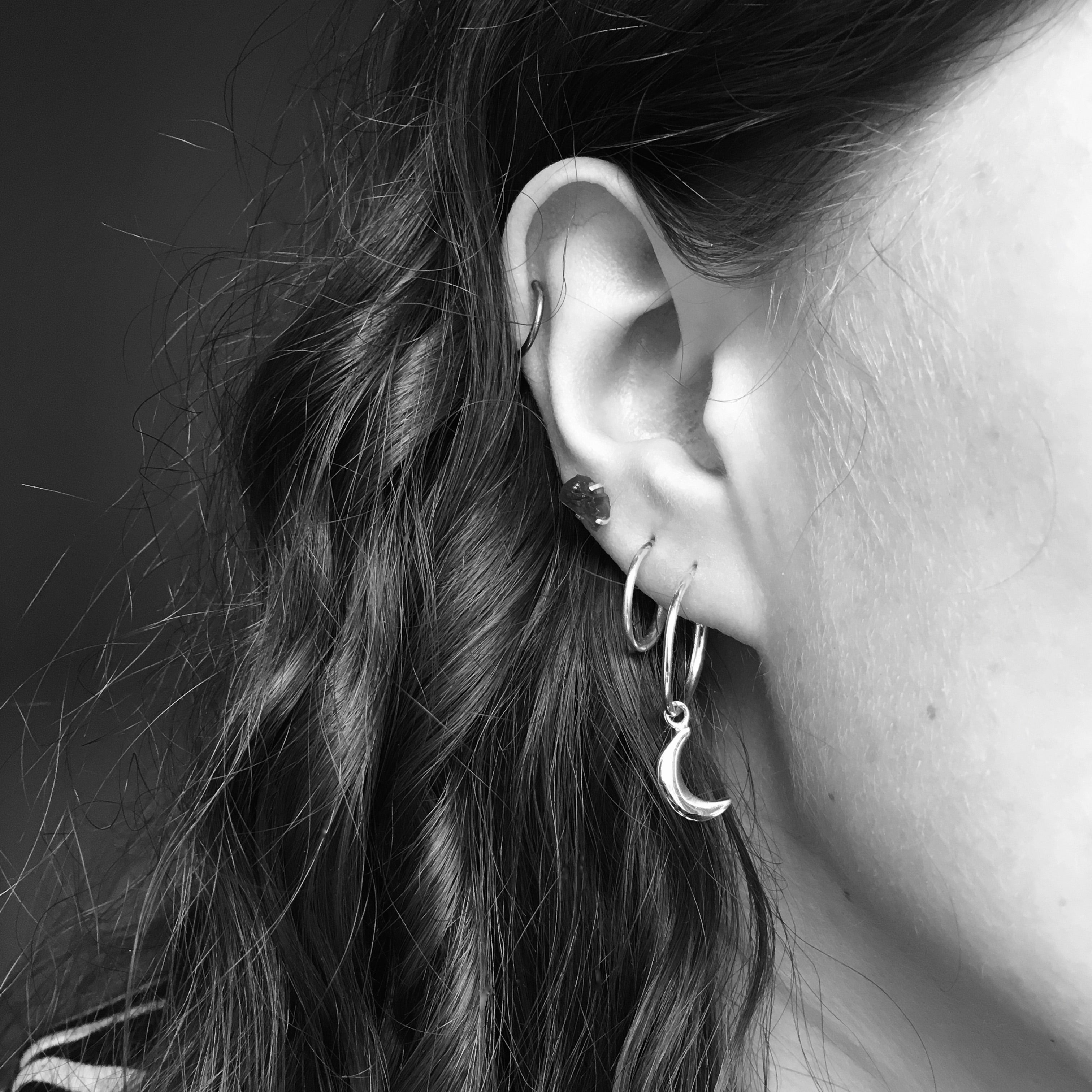 Half Hoop Earrings with Moon and Star Sterling Silver