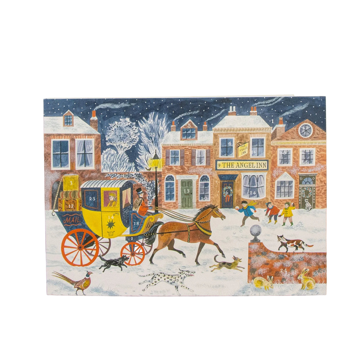 Card with a winter scene featuring a horse-drawn carriage and people in front of 'The Angel Inn'.