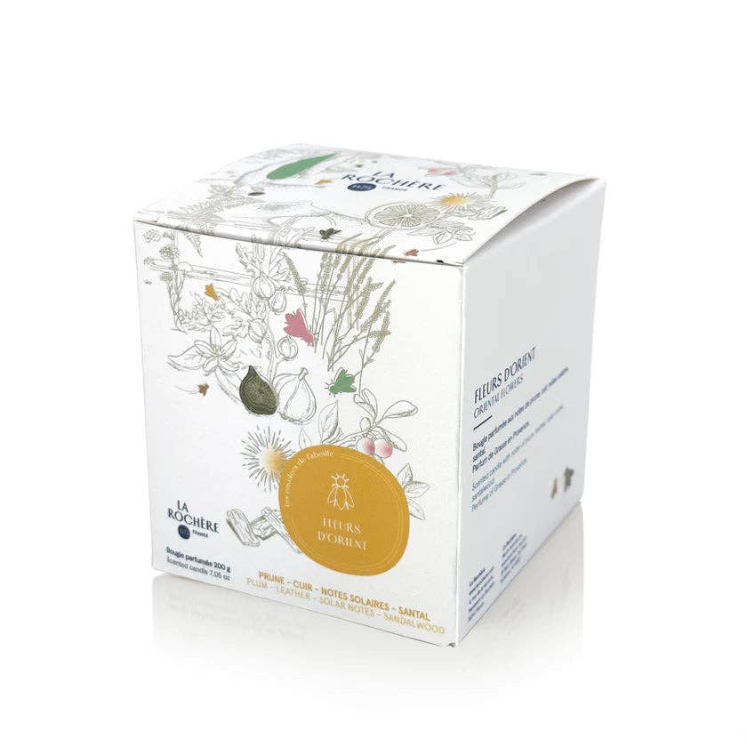 White box with floral design and branding on a white background