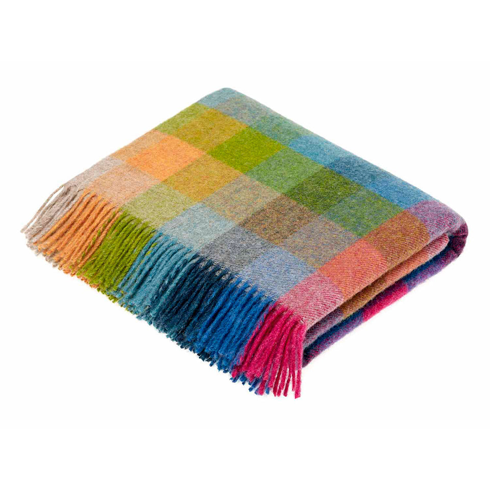 Multicoloured checkered blanket with fringes on a white background
