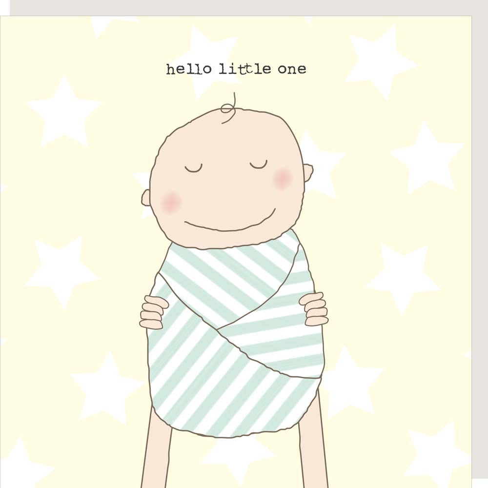 Illustration of a baby wrapped in a striped blanket with 'hello little one' text on a star-patterned background.