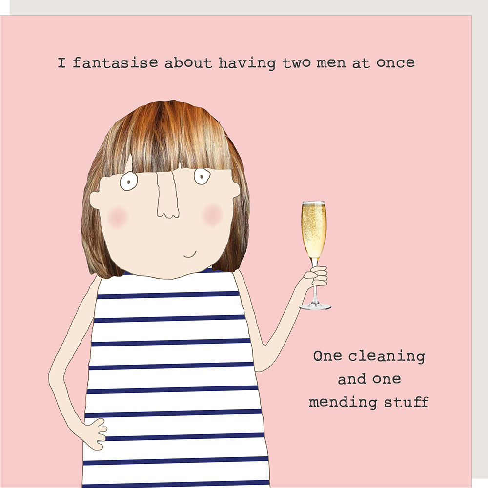 Illustration of a woman in a striped dress holding a champagne flute with humorous text on a pink background