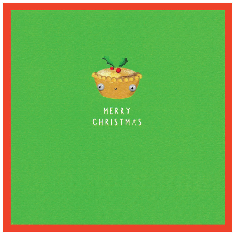 Christmas card with a pie illustration and 'Merry Christmas' text on a green background.
