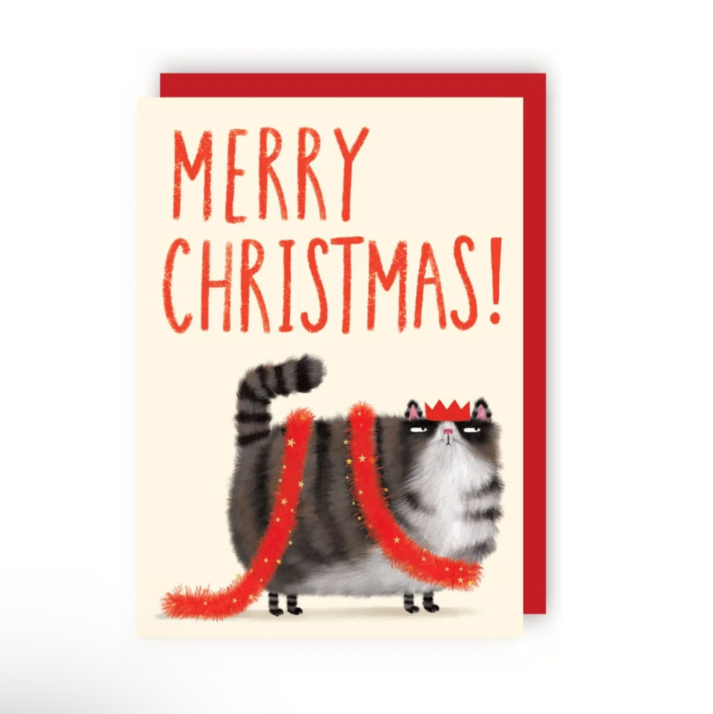 Greetings card reading “Merry Christmas!” In red capital letters above an illustrated grumpy-looking cat wearing a red party crown and wearing red tinsel around it’s body like a scarf.