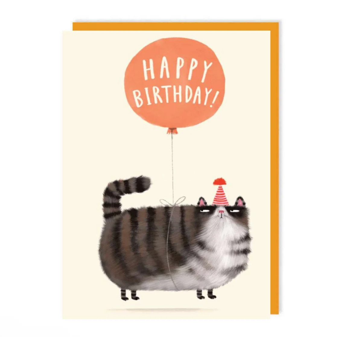 Illustrated greetings card, featuring a grey tabby cat wearing a red party hat, with an orange balloon tied from it’s waist which reads “HAPPY BIRTHDAY!” In capitalised text.