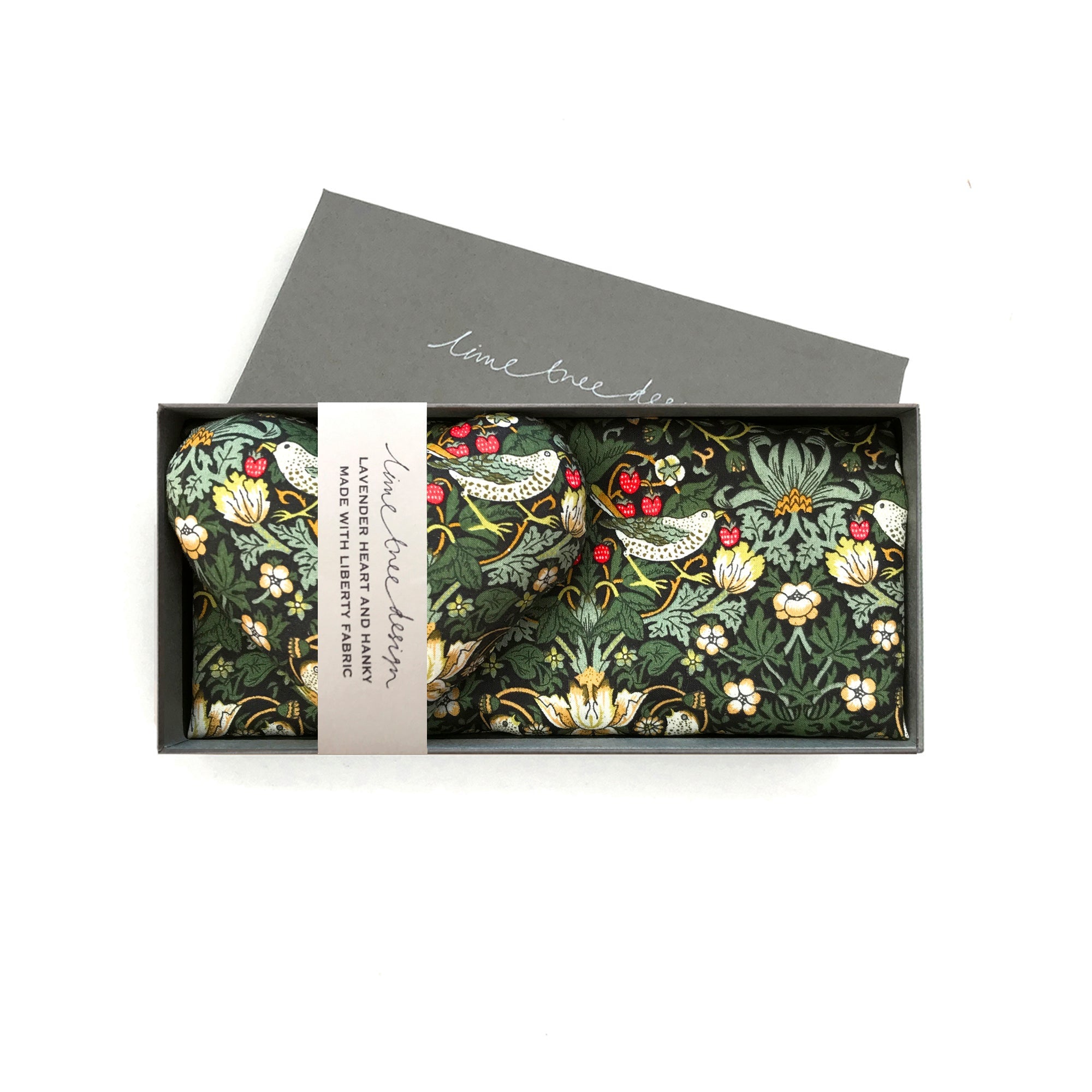 Box of 1 Lavender Heart & 1 Liberty Hanky - Strawberry Thief Dark Green
