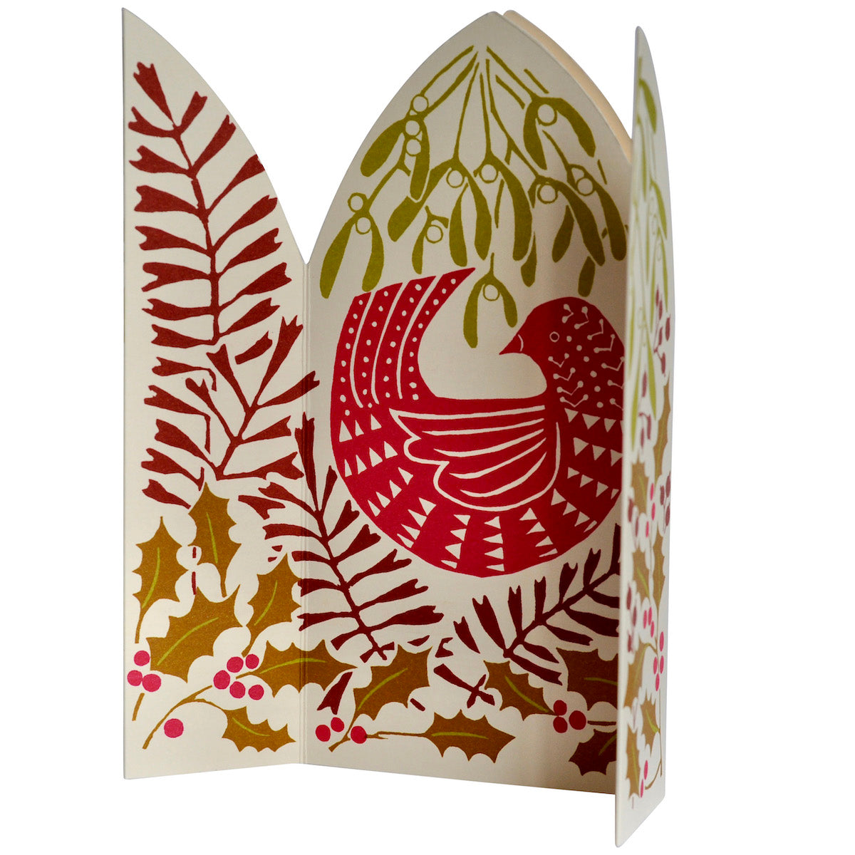 Decorative card with a red bird design and holly leaves on a white background