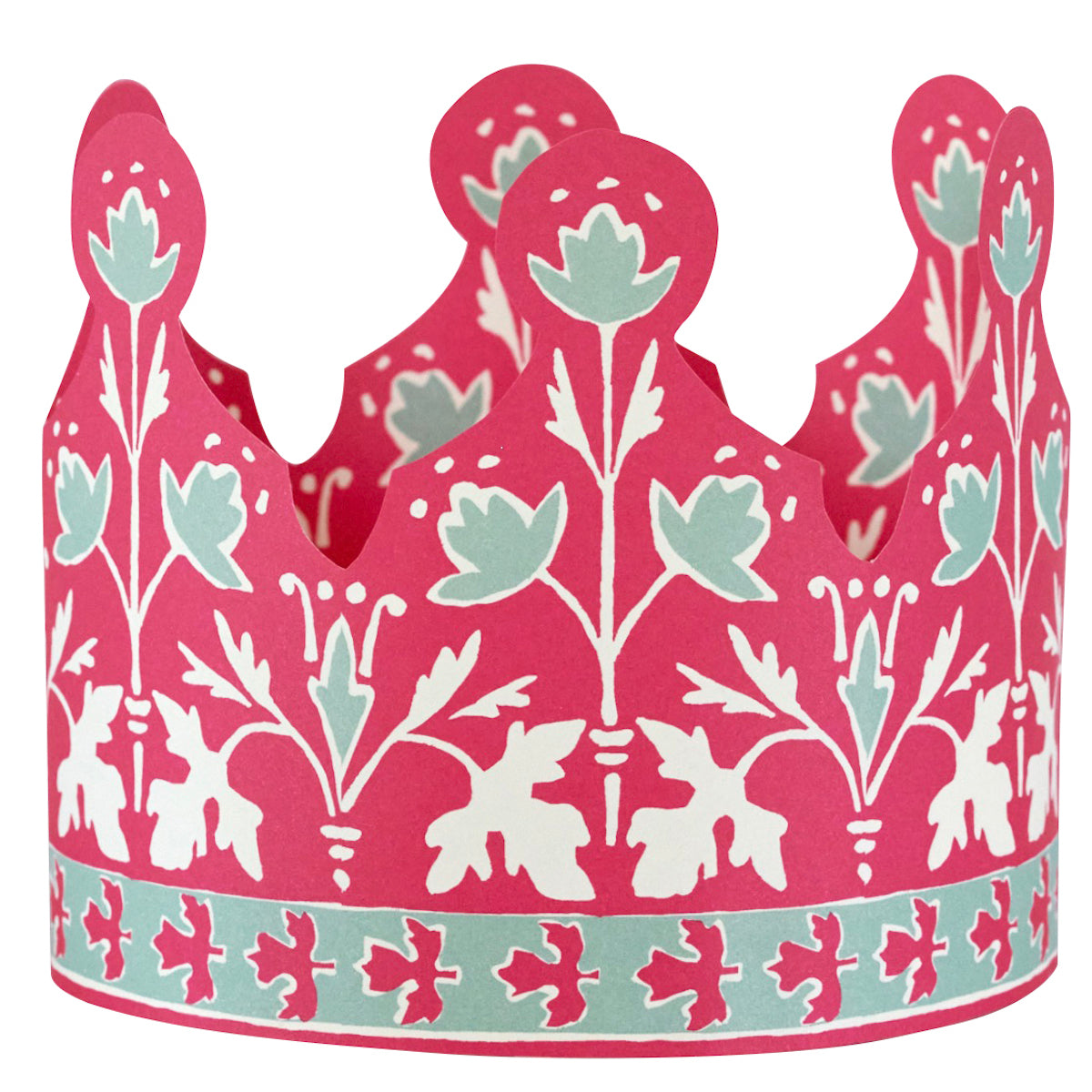 Pink paper crown with floral and deer pattern on a white background